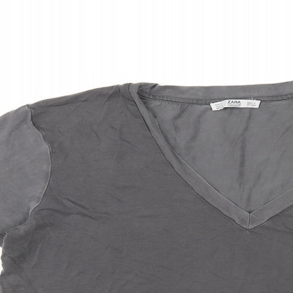 Zara Womens Grey Polyester Basic T-Shirt Size S V-Neck