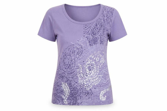 Front view of Ella J women’s purple polyester basic t-shirt, size M, roll neck
