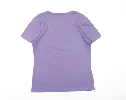 Back view of Ella J women’s purple polyester basic t-shirt, size M, roll neck
