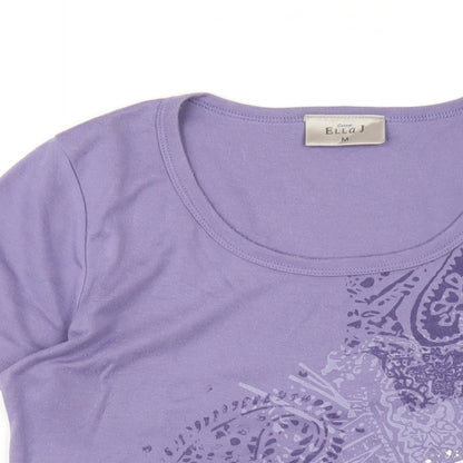 Close-up detail of Ella J women’s purple polyester basic t-shirt, size M, roll neck
