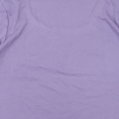 Brand and care label for Ella J women’s purple polyester basic t-shirt, size M, roll neck