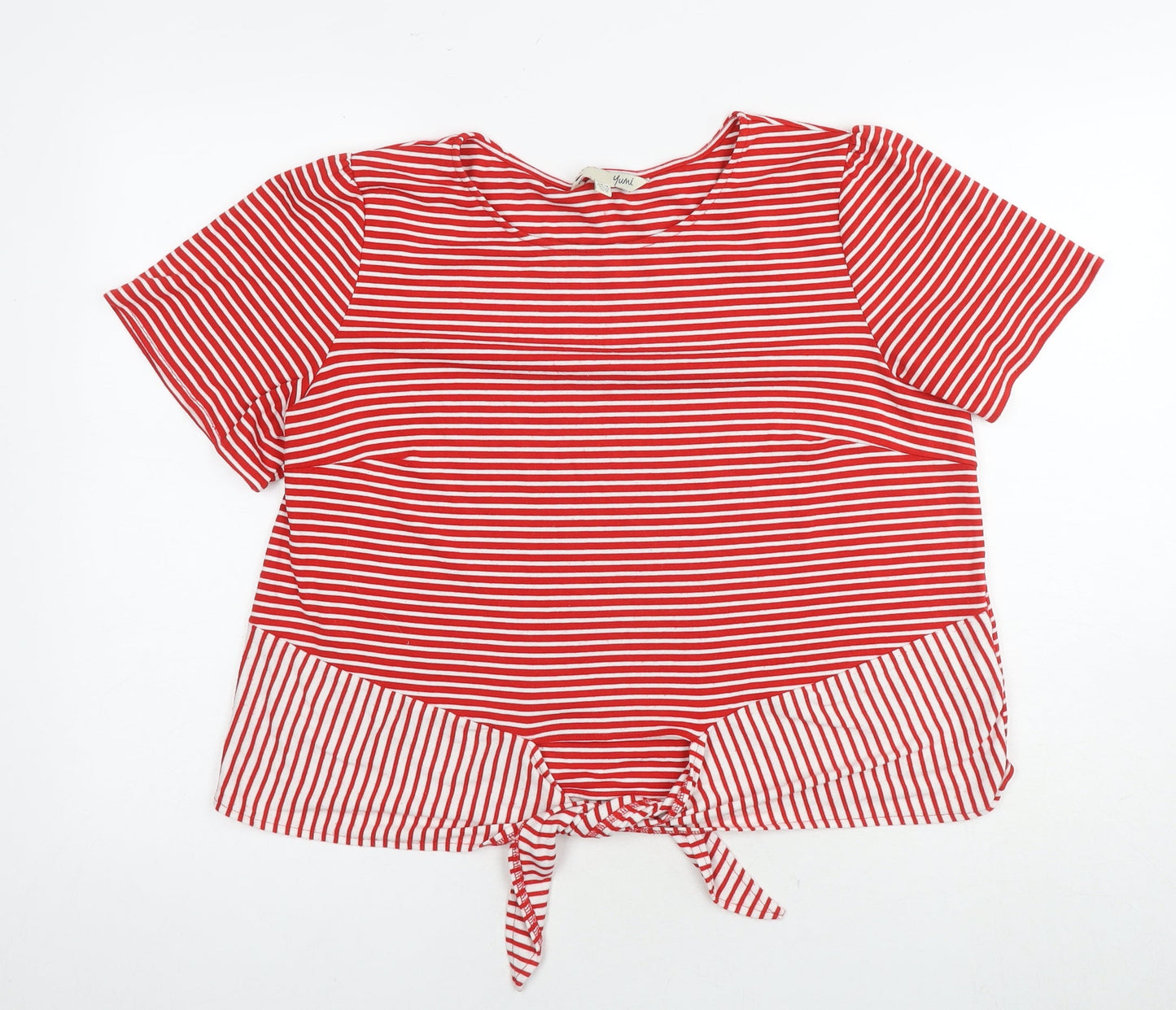 Yumi Womens Red Striped Viscose Basic T-Shirt Size 14 Round Neck