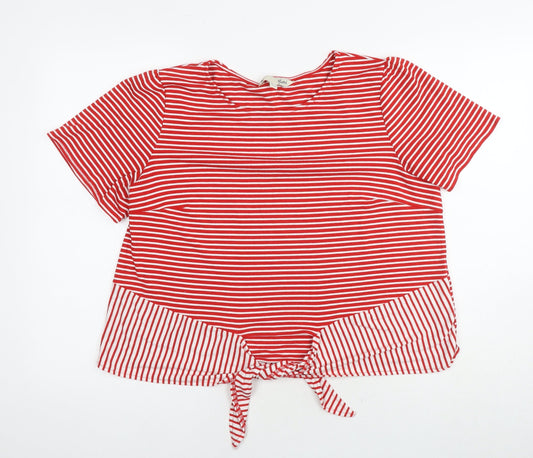 Yumi Womens Red Striped Viscose Basic T-Shirt Size 14 Round Neck