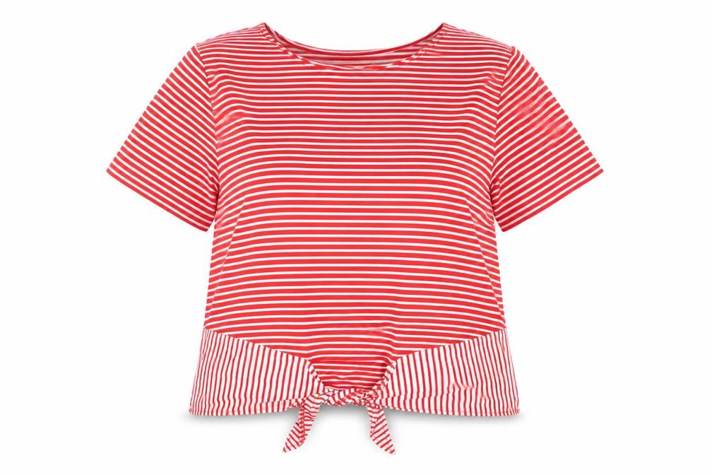 Yumi Womens Red Striped Viscose Basic T-Shirt Size 14 Round Neck