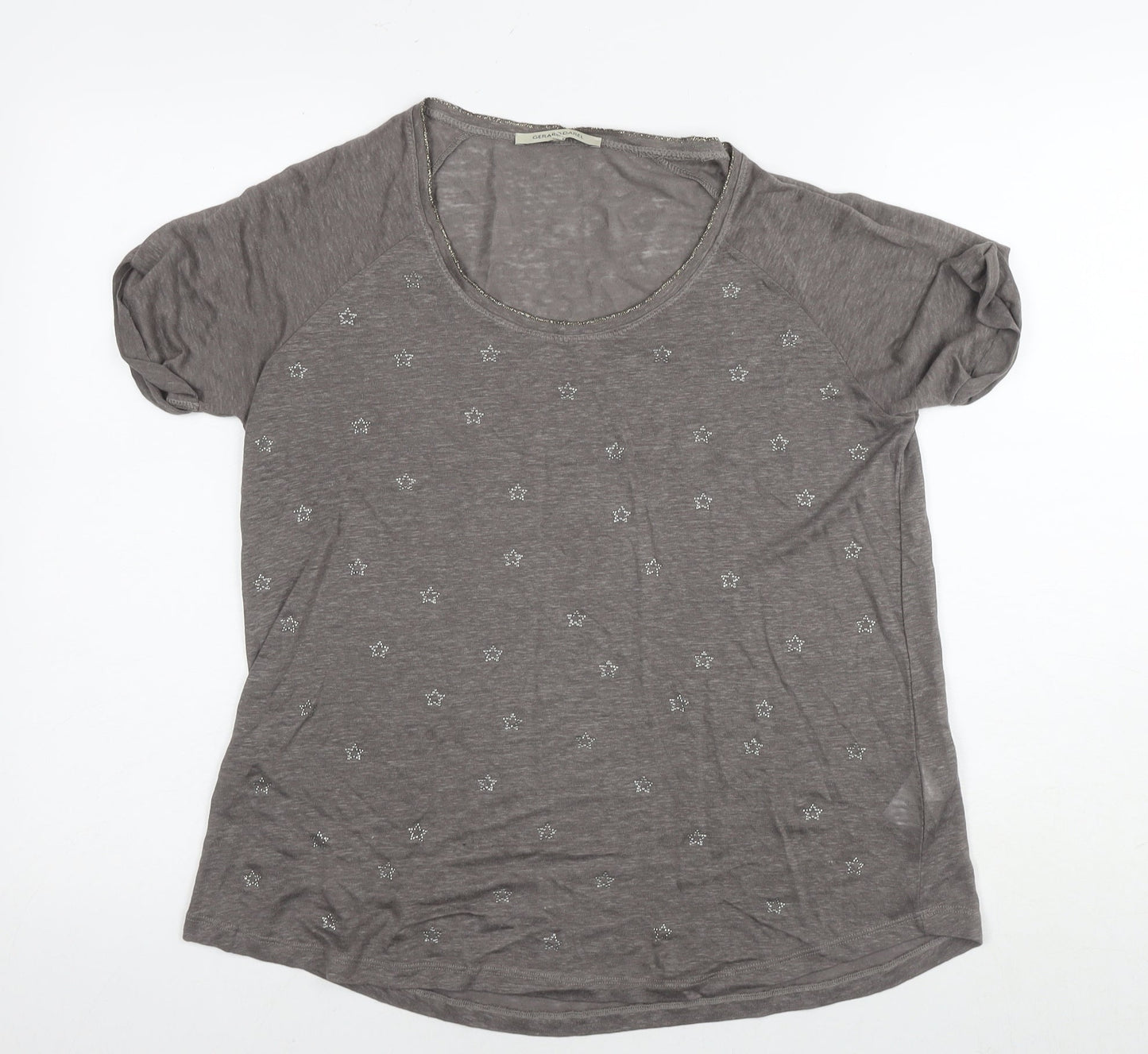 Gerard Darel Womens Brown Linen Basic T-Shirt Size S Round Neck - Embellishment Detail Stars