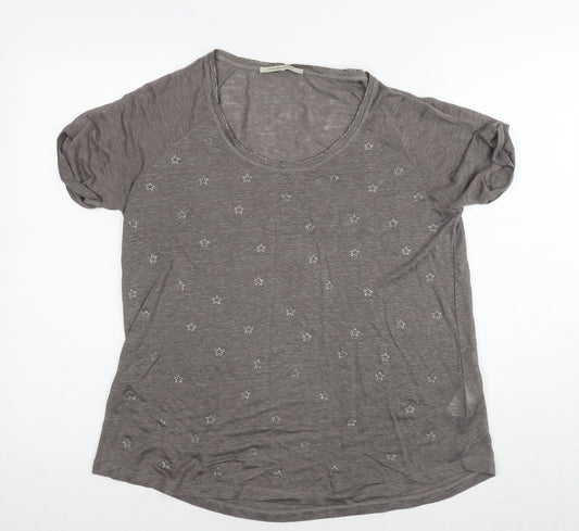 Gerard Darel Womens Brown Linen Basic T-Shirt Size S Round Neck - Embellishment Detail Stars