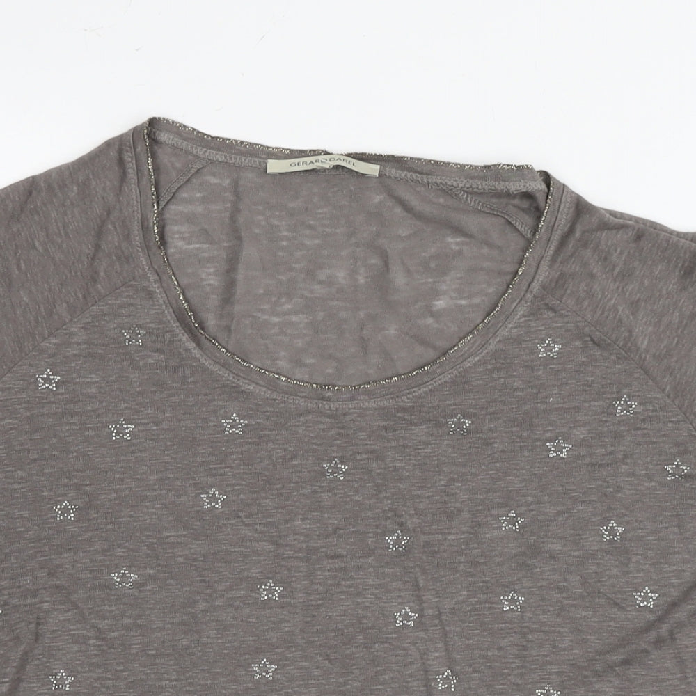 Gerard Darel Womens Brown Linen Basic T-Shirt Size S Round Neck - Embellishment Detail Stars