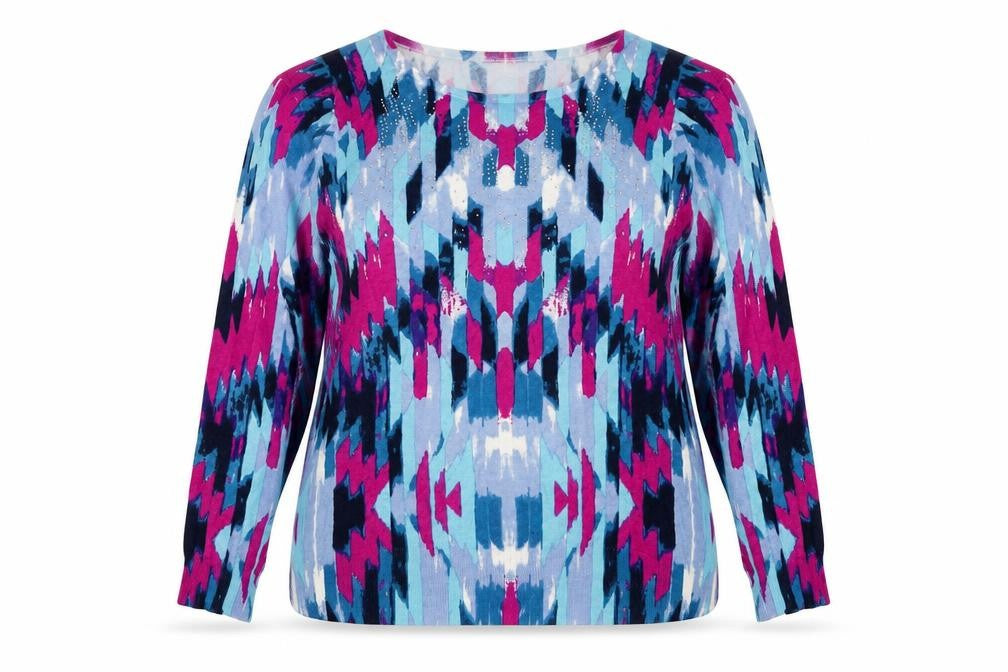 Paco Boutique Womens Blue Round Neck Geometric Viscose Pullover Jumper Size 16
