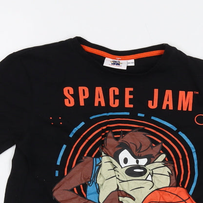 Close-up detail of Space Jam boys’ black cotton basic t-shirt, size 9-10, years crew neck pullover