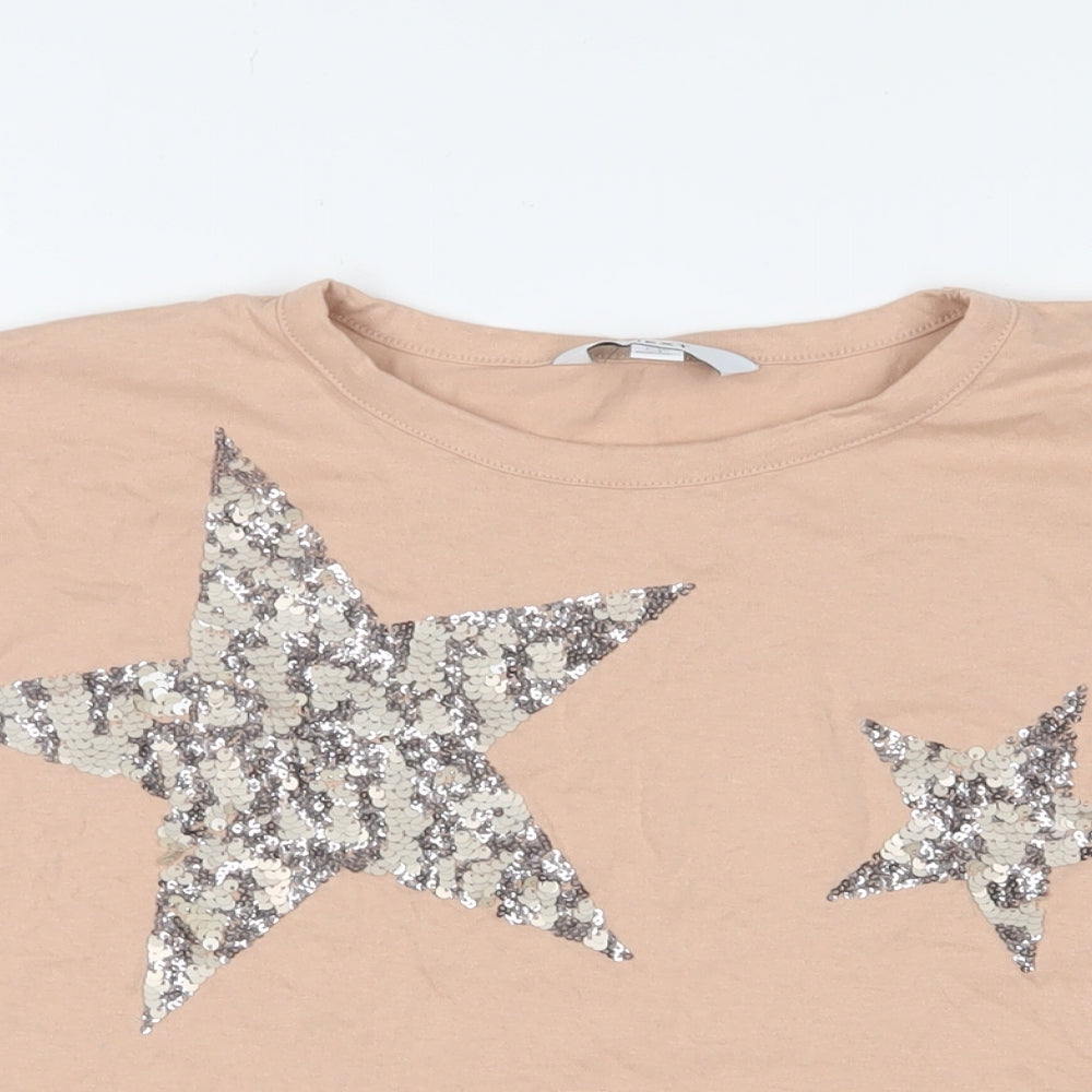 NEXT Womens Pink Cotton Basic T-Shirt Size 12 Crew Neck - Stars, Sequins