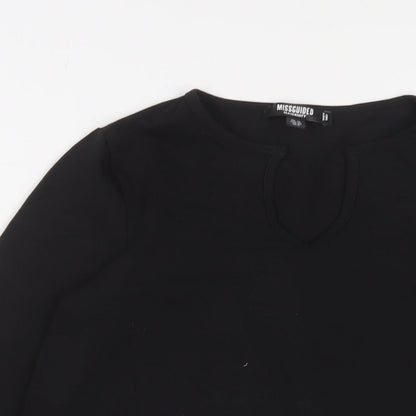 Close-up detail of Missguided women’s black cotton basic t-shirt, size UK 10, v-neck