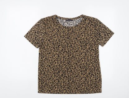 Marks & Spencer Womens Brown Animal Print Polyester Basic T-Shirt Size 8 Crew Neck