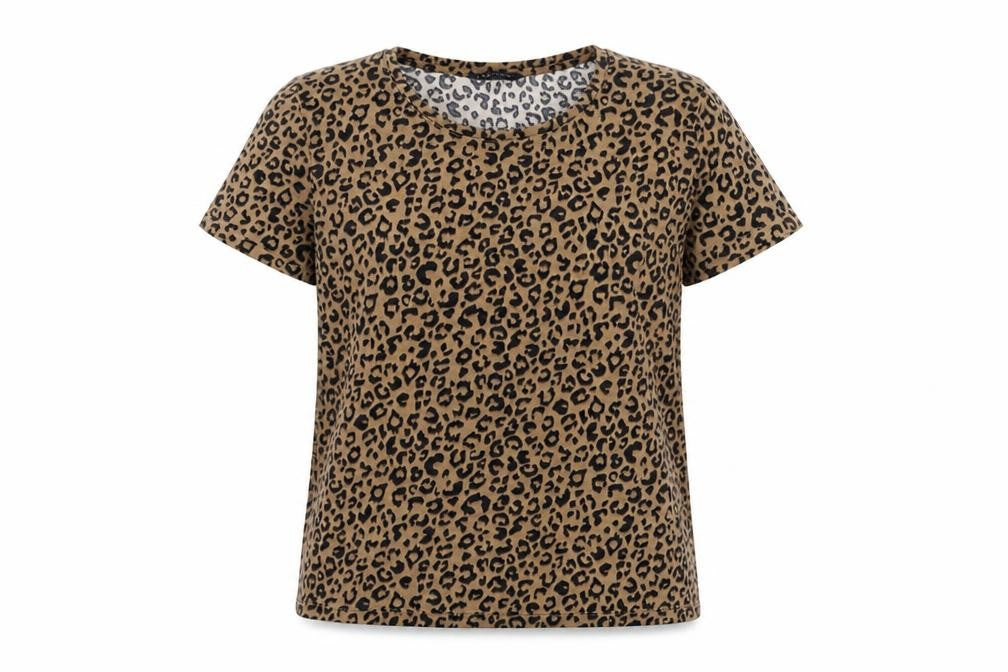 Marks & Spencer Womens Brown Animal Print Polyester Basic T-Shirt Size 8 Crew Neck