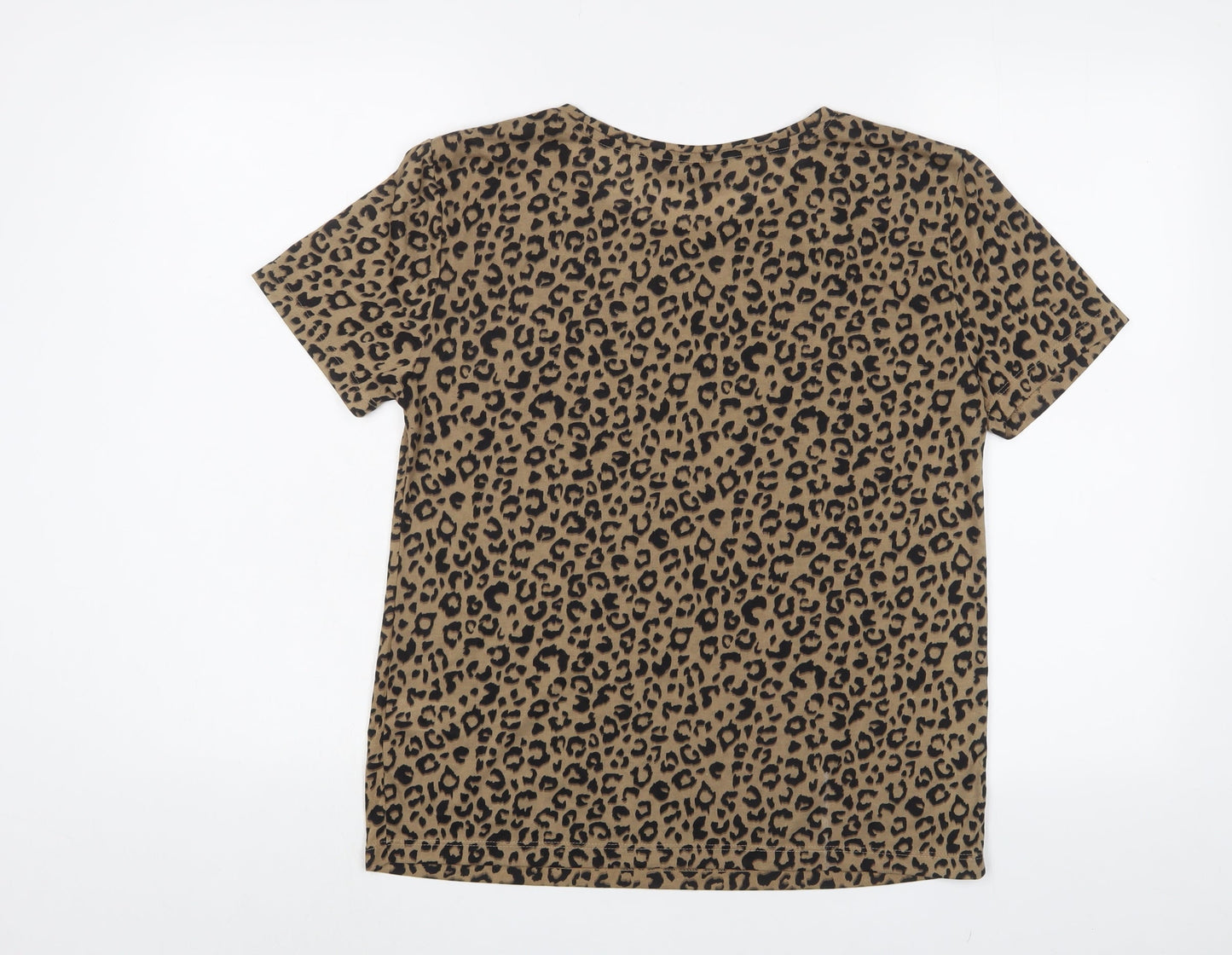 Marks and Spencer Womens Brown Animal Print Polyester Basic T-Shirt Size 8 Crew Neck