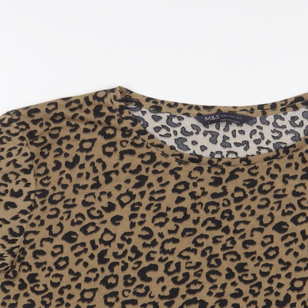 Marks and Spencer Womens Brown Animal Print Polyester Basic T-Shirt Size 8 Crew Neck