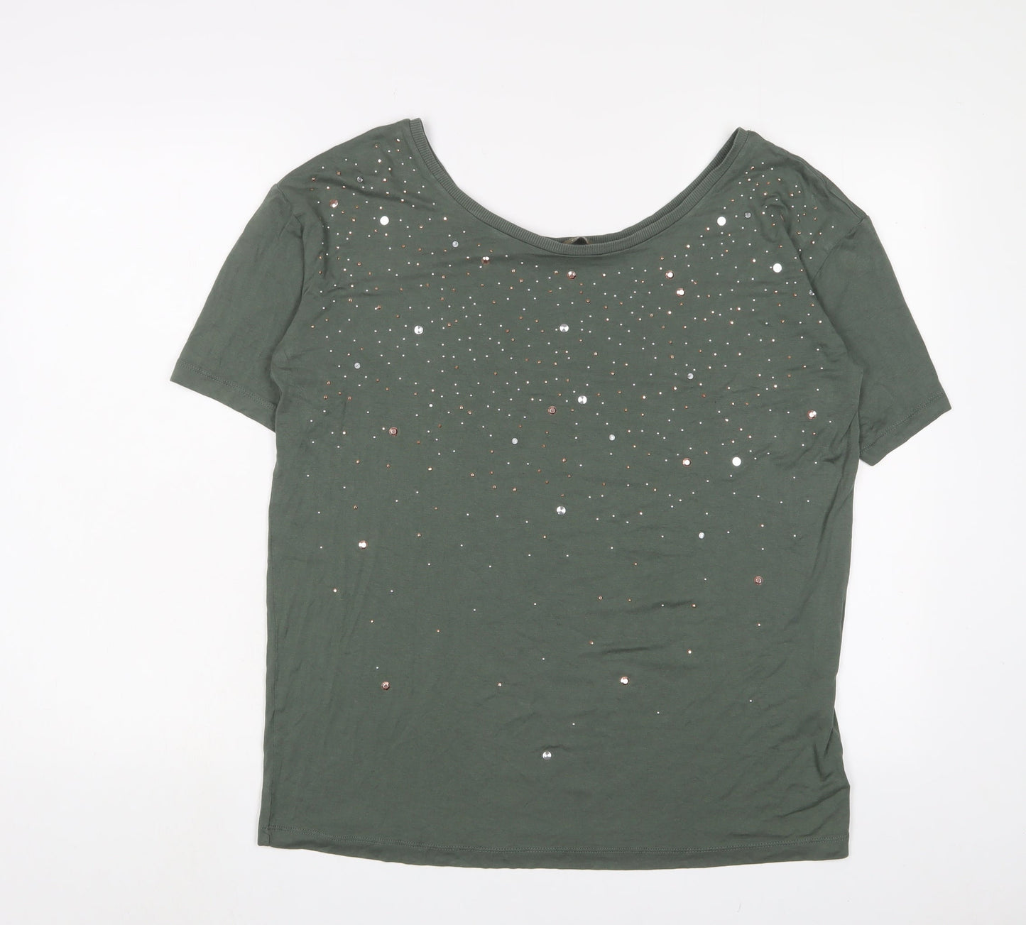 NEXT Womens Green Viscose Basic T-Shirt Size 10 Scoop Neck - Studded