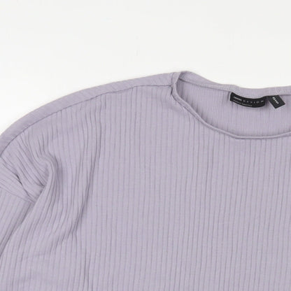 Close-up detail of ASOS women’s purple polyester basic t-shirt, size UK 8, crew neck