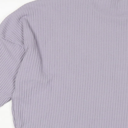 Brand and care label for ASOS women’s purple polyester basic t-shirt, size UK 8, crew neck