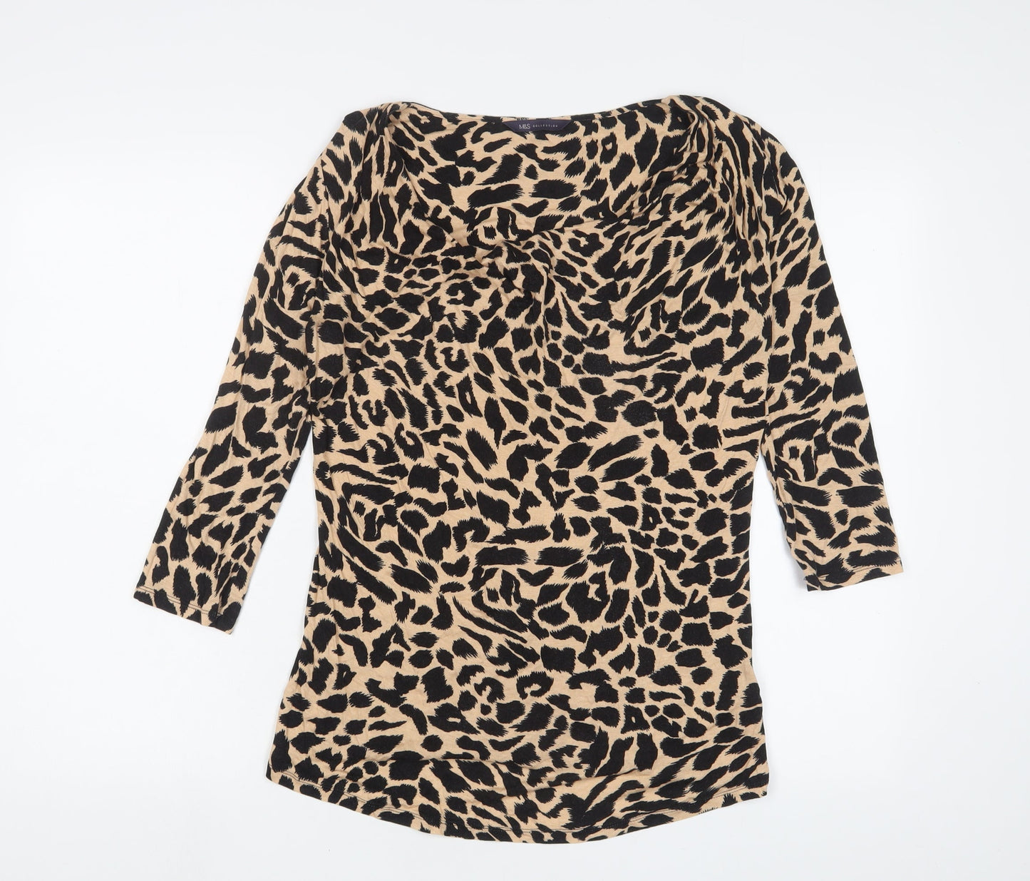 Marks and Spencer Womens Brown Animal Print Viscose Basic T-Shirt Size 8 Cowl Neck