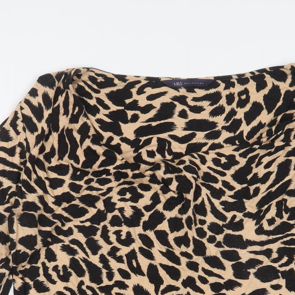 Marks and Spencer Womens Brown Animal Print Viscose Basic T-Shirt Size 8 Cowl Neck