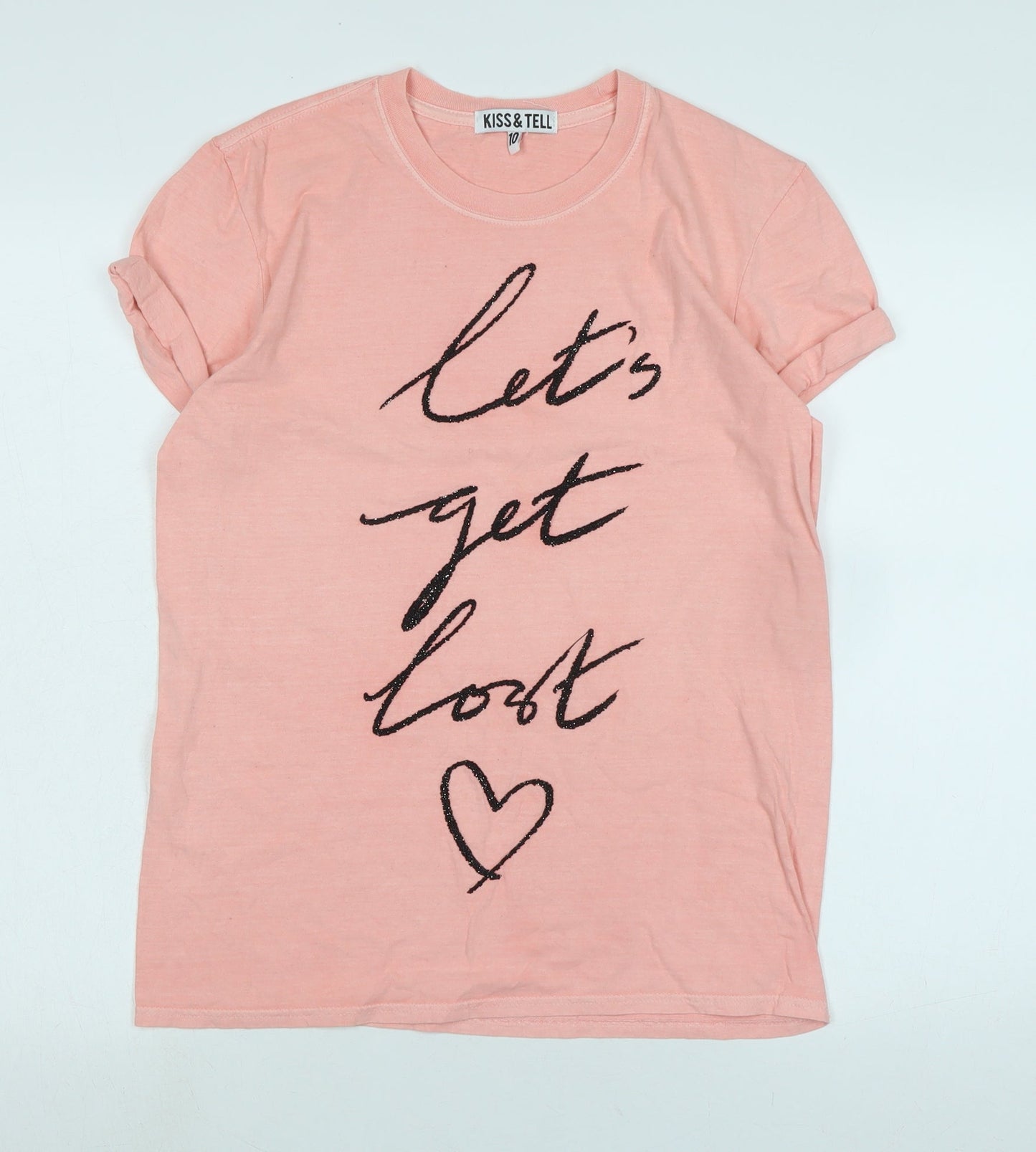 Kiss & Tell Womens Pink Cotton Basic T-Shirt Size 10 Crew Neck - Beaded stripes to front.