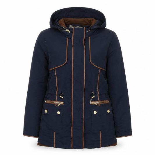 Front view of Principles women’s blue parka jacket, size UK 10, zip