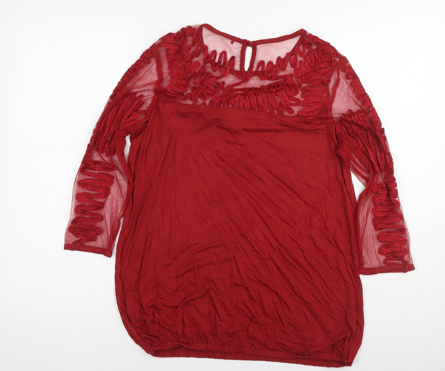 NEXT Womens Red Viscose Basic Blouse Size 12 Round Neck - Mesh Detail