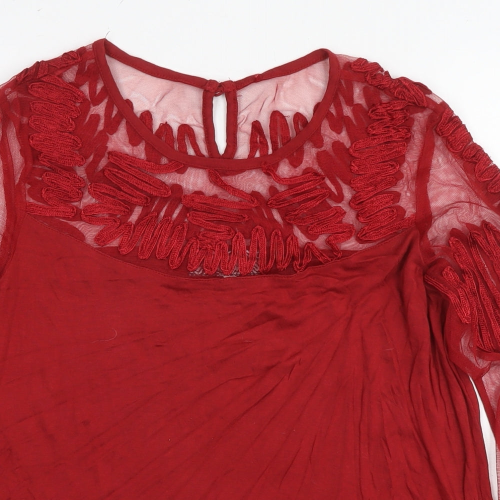 NEXT Womens Red Viscose Basic Blouse Size 12 Round Neck - Mesh Detail