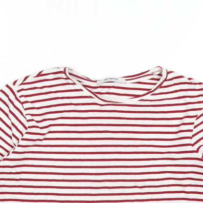 Zara Womens Red Striped Cotton Basic T-Shirt Size M Round Neck