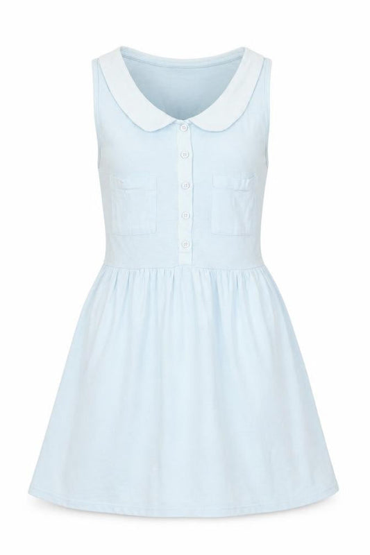 Front view of Miss Selfridge women’s blue cotton a-line, size UK 10, square neck button
