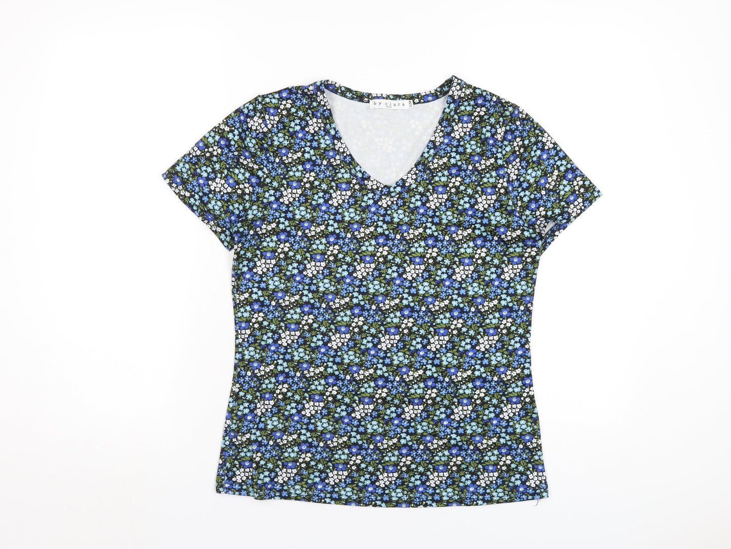 By Clara Womens Blue Floral Polyester Basic T-Shirt Size S V-Neck