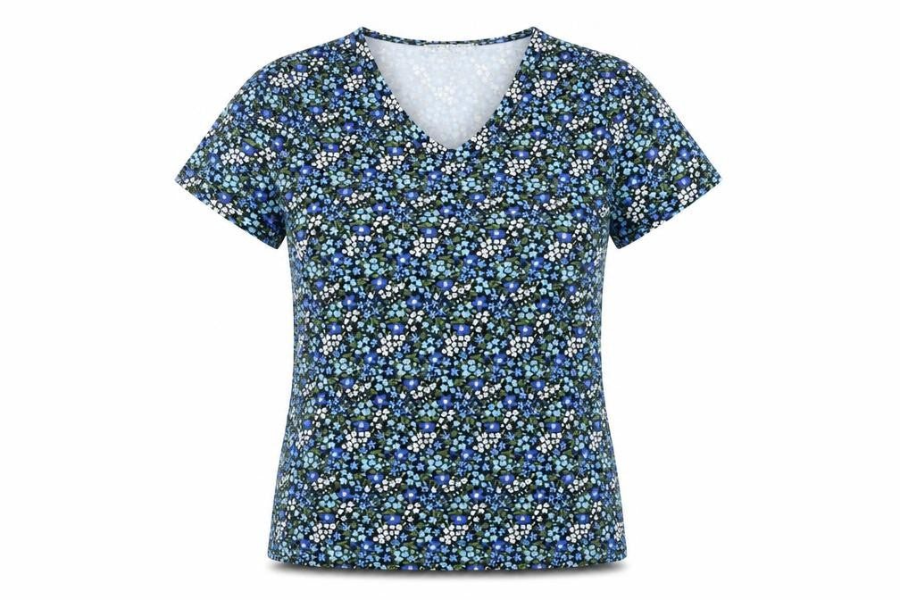 By Clara Womens Blue Floral Polyester Basic T-Shirt Size S V-Neck