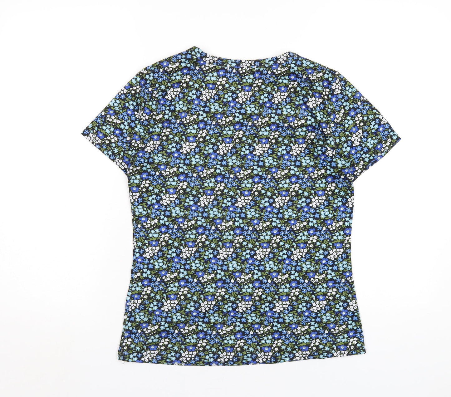 By Clara Womens Blue Floral Polyester Basic T-Shirt Size S V-Neck