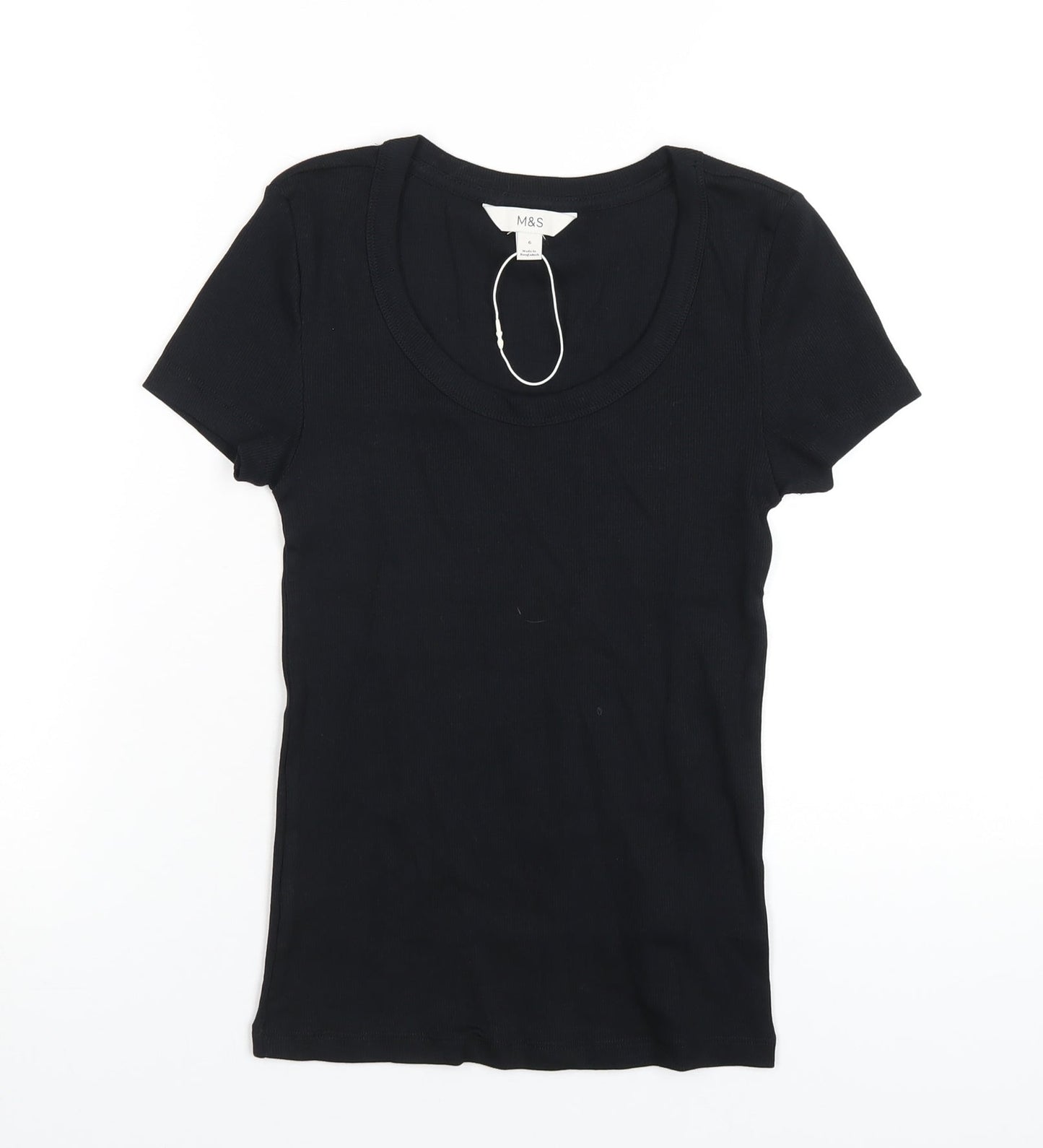 Marks and Spencer Womens Black Cotton Basic T-Shirt Size 6 Scoop Neck