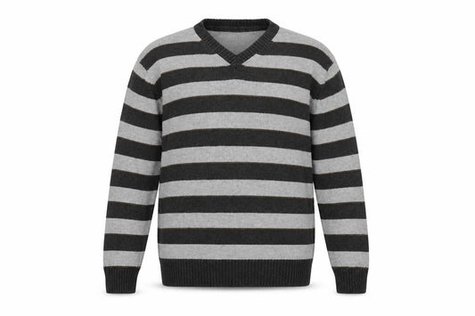RJR.John Rocha Mens Grey V-Neck Striped Cotton Pullover Jumper Size M Long Sleeve