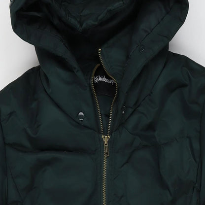 Close-up detail of Kaleidoscope women’s green jacket, size UK 14, zip
