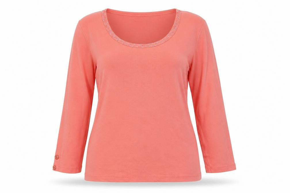 BHS Womens Pink Cotton Basic T-Shirt Size 14 Crew Neck - Beaded