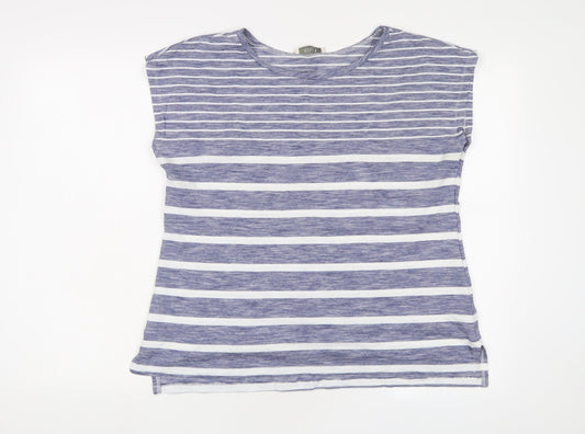 Oasis Womens Blue Striped Cotton Basic T-Shirt Size L Boat Neck