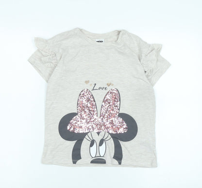Front view of Disney girls’ grey cotton basic t-shirt, years crew neck - logo -love - micky and friends- sequins .