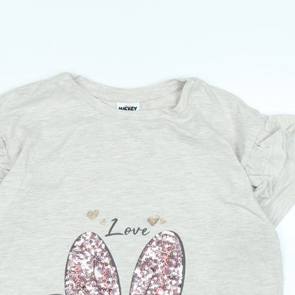 Close-up detail of Disney girls’ grey cotton basic t-shirt, years crew neck - logo -love - micky and friends- sequins .