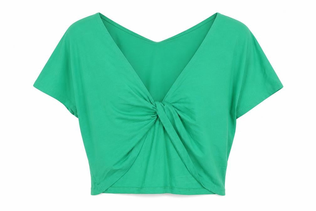 Monki Womens Green Cotton Cropped T-Shirt Size S V-Neck - Logo