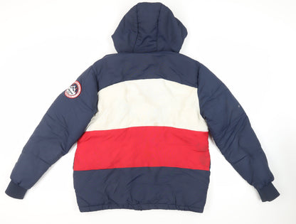 Back view of Ellesse men’s blue puffer jacket jacket, size S, zip - logo hooded