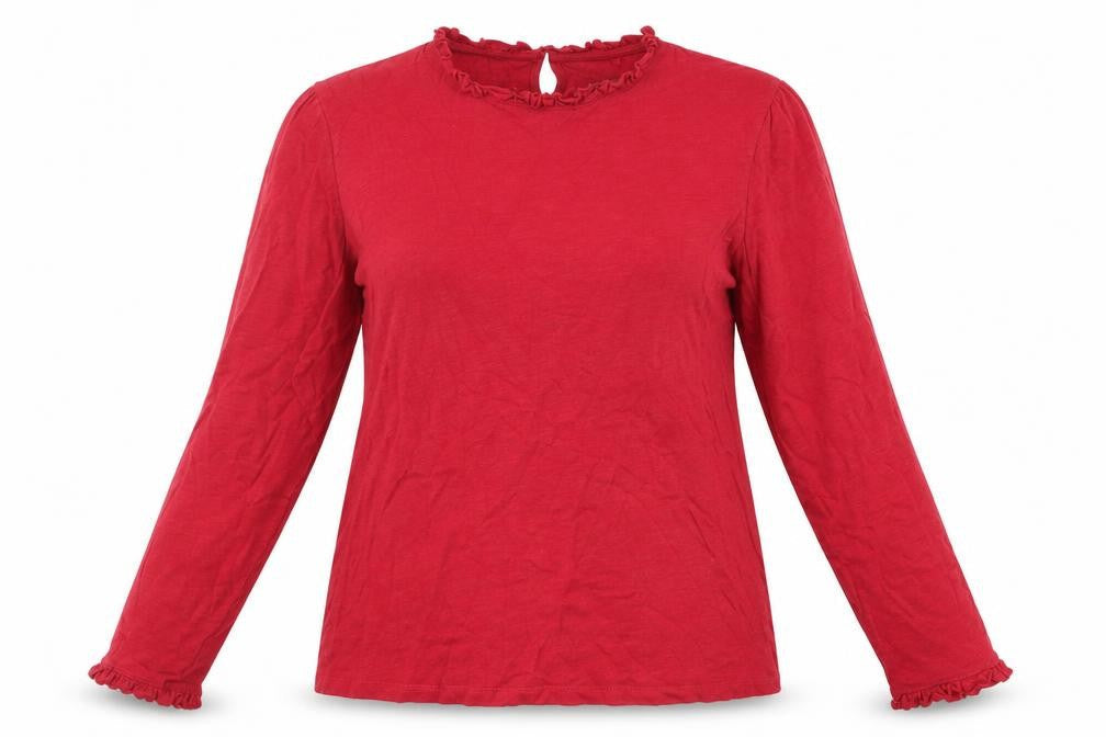M&Co Womens Red Cotton Basic T-Shirt Size 20 Mock Neck - Ruffle Detail