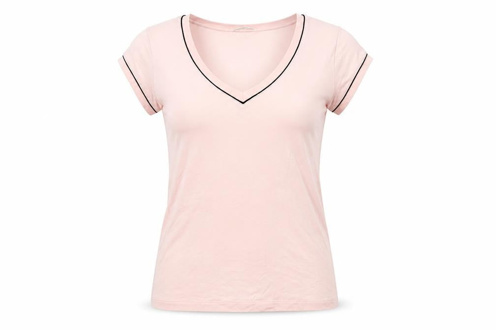 Marks & Spencer Womens Pink Viscose Basic T-Shirt Size 12 V-Neck - Contrasting Trim