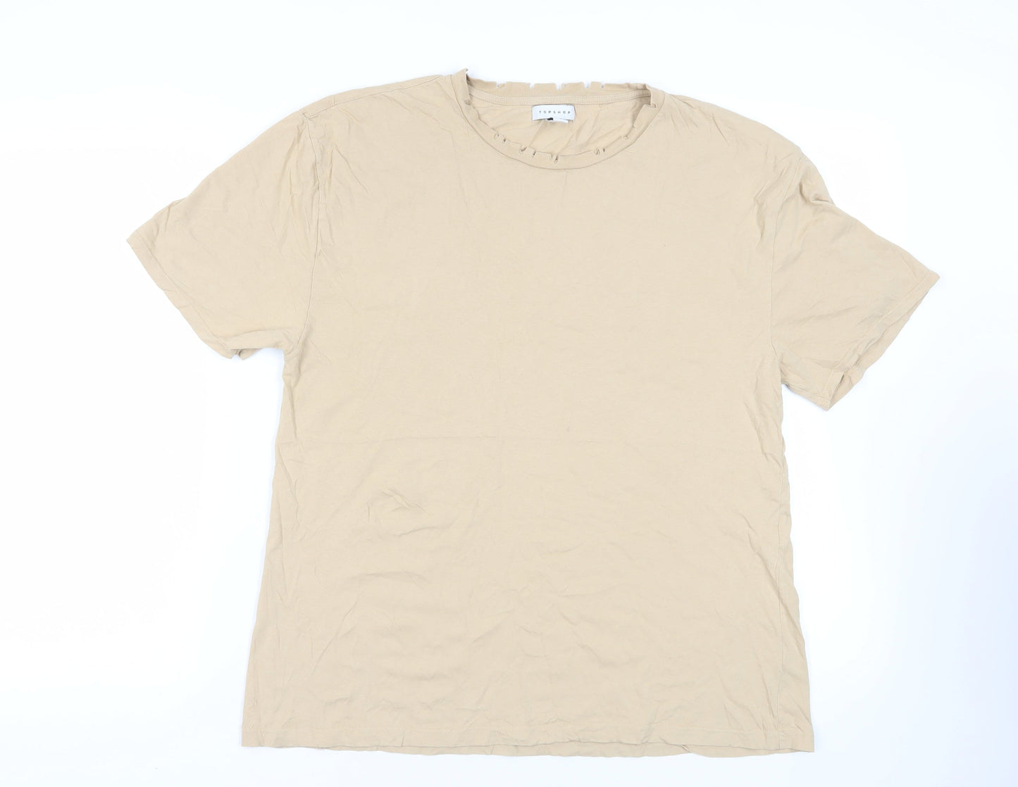 Topshop Womens Beige Cotton Basic T-Shirt Size 14 Crew Neck - Distressed Neckline