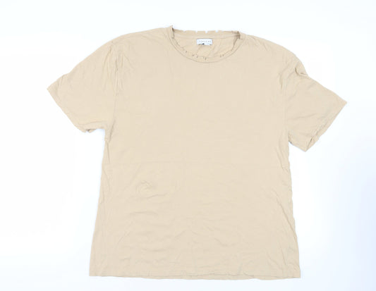 Topshop Womens Beige Cotton Basic T-Shirt Size 14 Crew Neck - Distressed Neckline