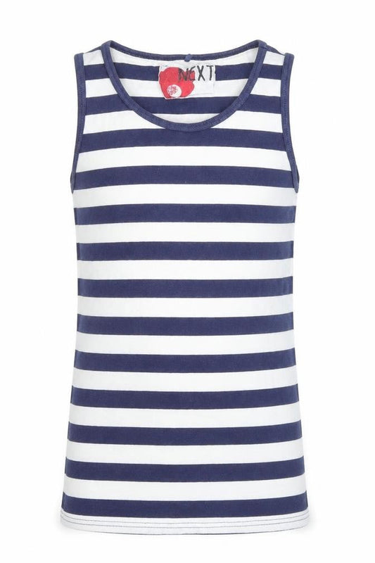 Front view of Next girls’ blue striped 100% cotton basic t-shirt, size 12, years scoop neck