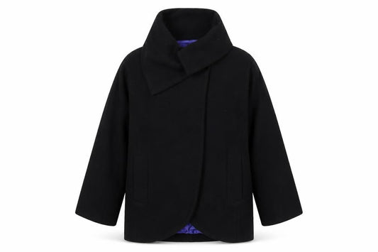 Front view of French Connection women’s black pea coat coat, size UK 10, button