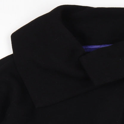 Close-up detail of French Connection women’s black pea coat coat, size UK 10, button