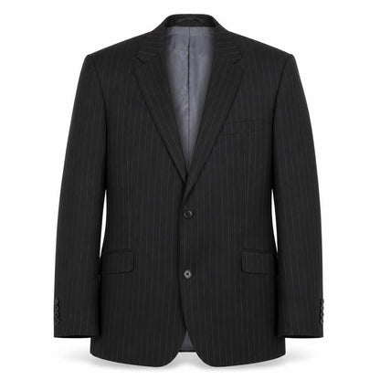 Front view of French Connection men’s black striped wool jacket blazer, size 42, regular
